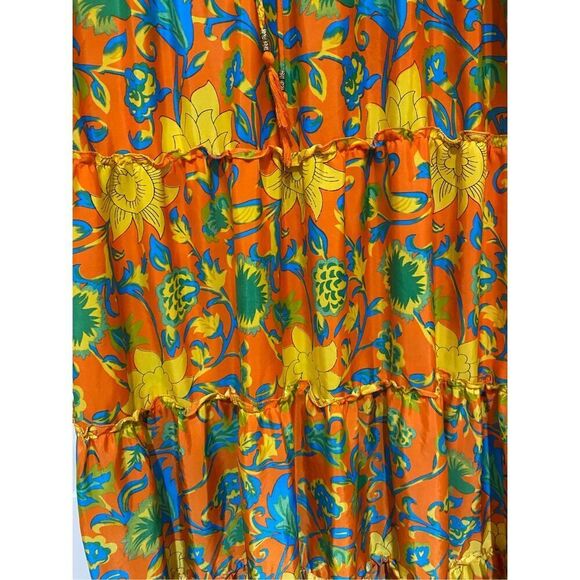 Vintage Me 2 Magic Women’s Medium Vibrant Orange Yellow Floral Maxi Dress Tie - Picture 5 of 9